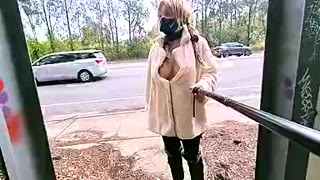 Exhibitionist Whore Flashing In A Fur Coat By A Busy Road
