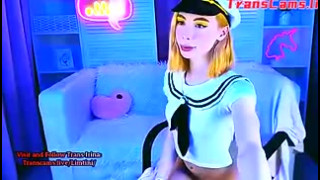 Skinny Russian Teen Transgirl In Navy Shirt Strokes Her Tiny Dick On Webcam